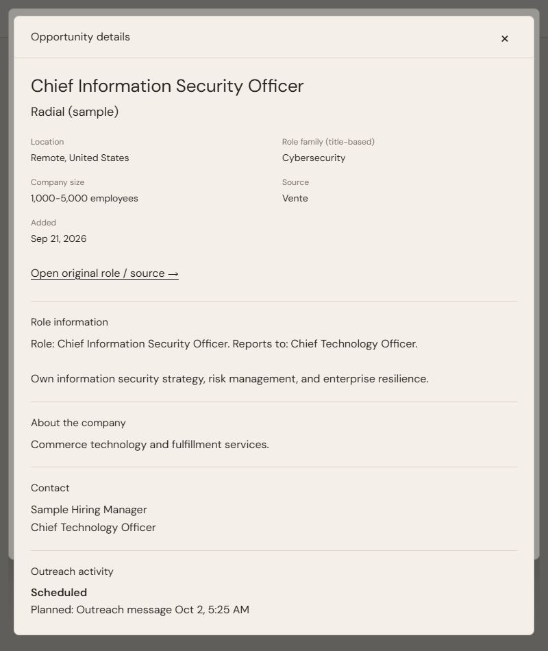 Beta opportunity detail showing a sample security leadership role, company, source, contact, and outreach activity.